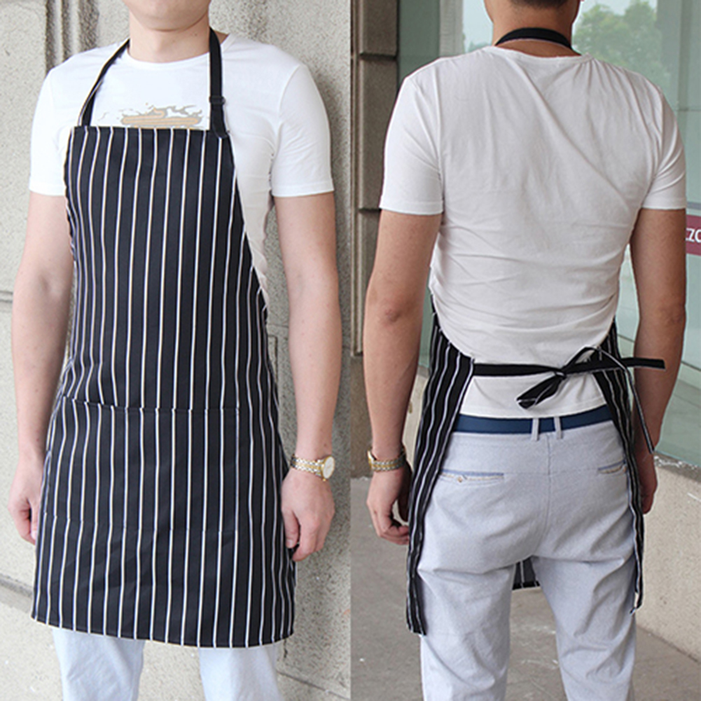 Kitchen Adjustable Adult Black Stripe Bib Apron With 2 Pockets Chef Waiter Cook