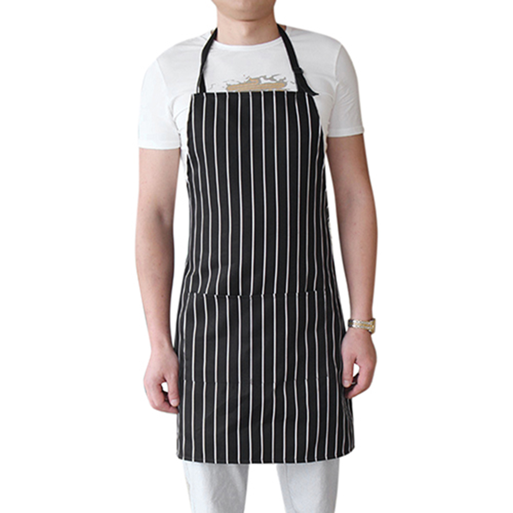 Kitchen Adjustable Adult Black Stripe Bib Apron With 2 Pockets Chef Waiter Cook